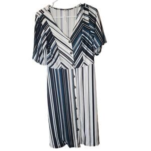 NY Collection Blue White Black Striped Short Sleeve Knee Length Dress Size Small